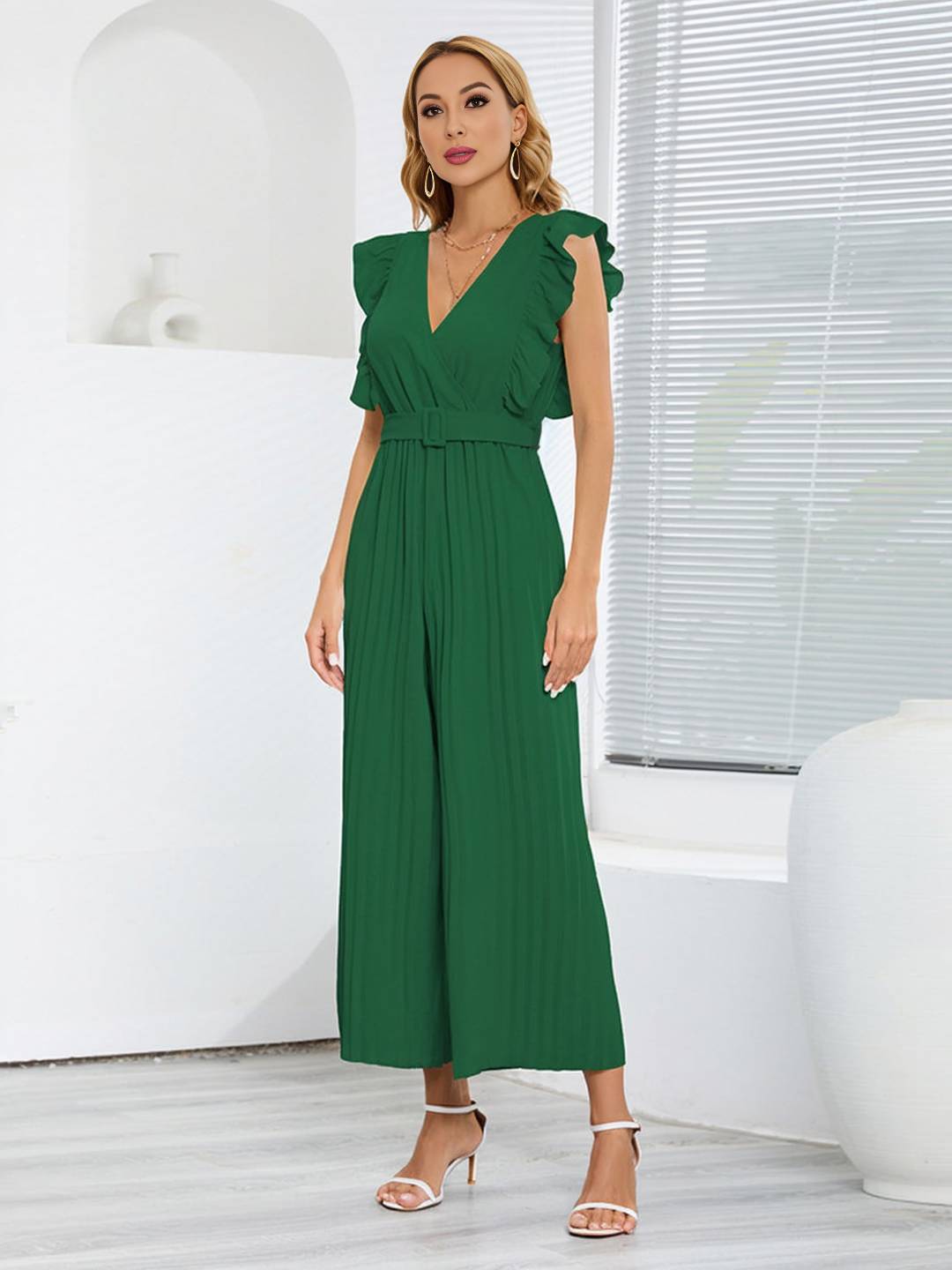 Levoire | Pantalons Larges Combinaisons Décolleté En V Festonné Plissé Ceinture Sans Manches Femme Élégant Boho Décontracté