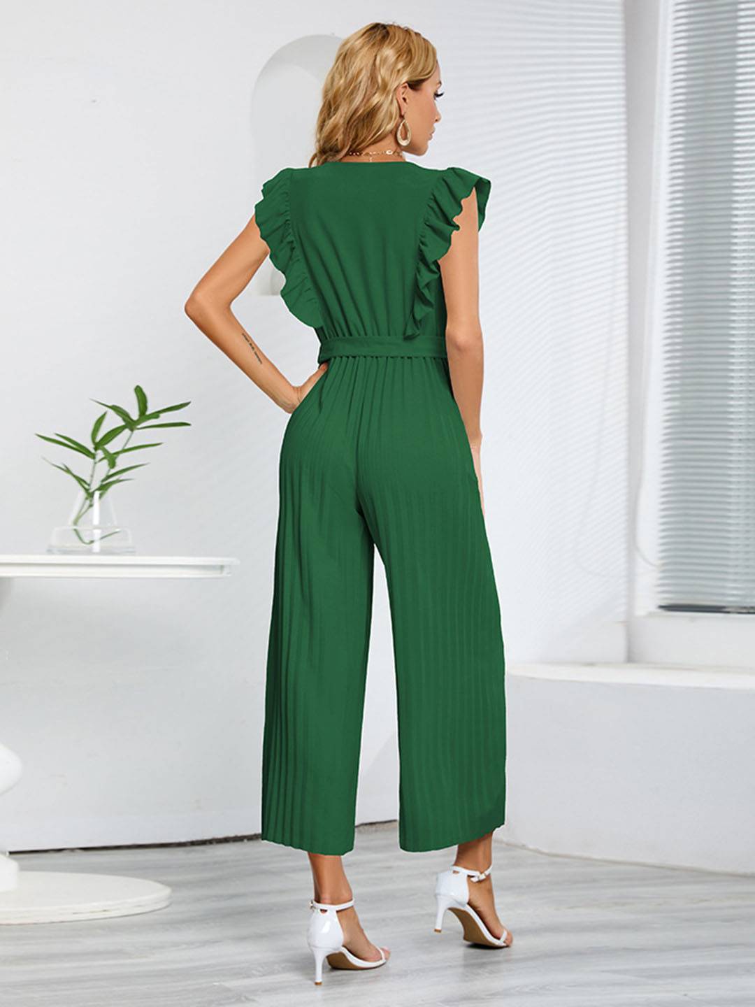 Levoire | Pantalons Larges Combinaisons Décolleté En V Festonné Plissé Ceinture Sans Manches Femme Élégant Boho Décontracté