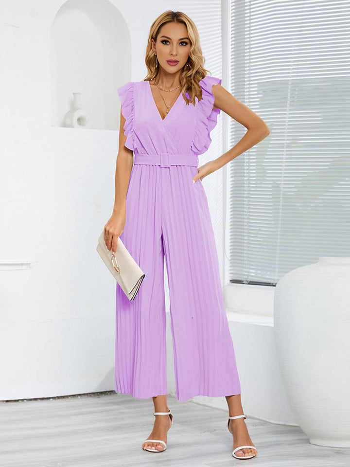 Levoire | Pantalons Larges Combinaisons Décolleté En V Festonné Plissé Ceinture Sans Manches Femme Élégant Boho Décontracté Violet