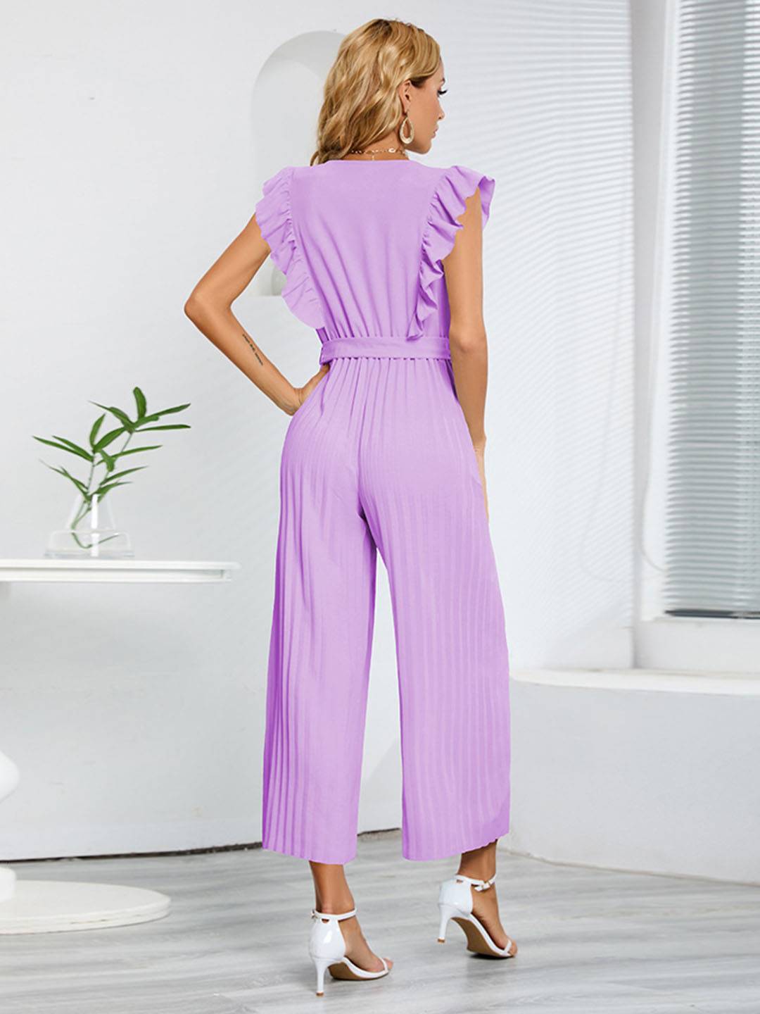 Levoire | Pantalons Larges Combinaisons Décolleté En V Festonné Plissé Ceinture Sans Manches Femme Élégant Boho Décontracté