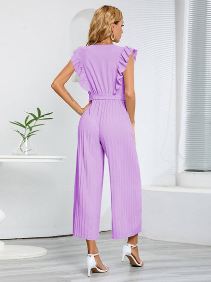 Levoire | Pantalons Larges Combinaisons Décolleté En V Festonné Plissé Ceinture Sans Manches Femme Élégant Boho Décontracté