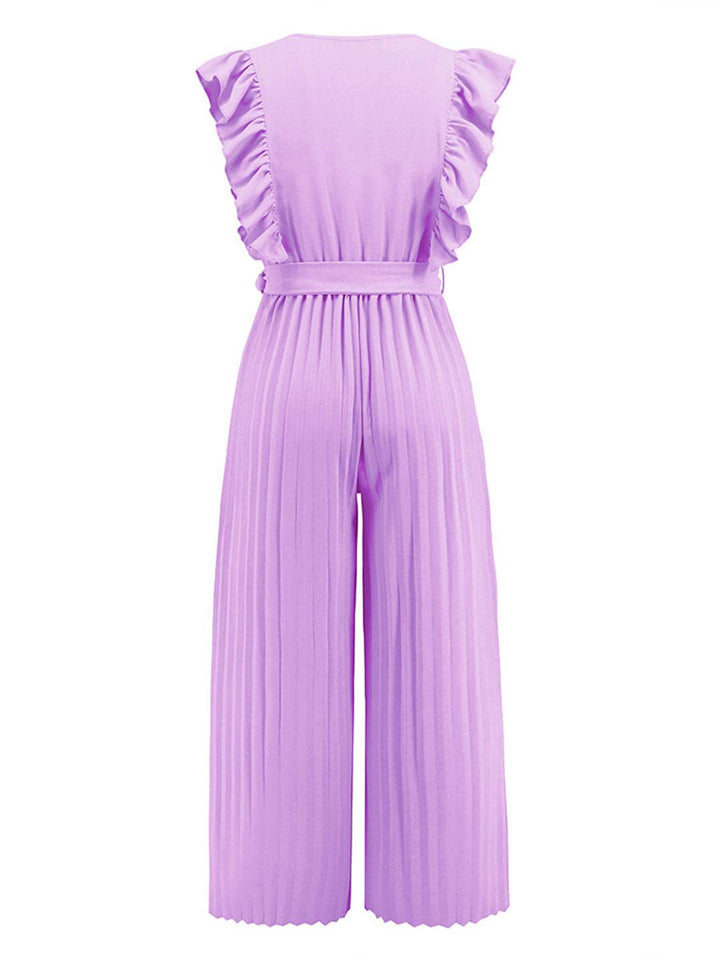 Levoire | Pantalons Larges Combinaisons Décolleté En V Festonné Plissé Ceinture Sans Manches Femme Élégant Boho Décontracté