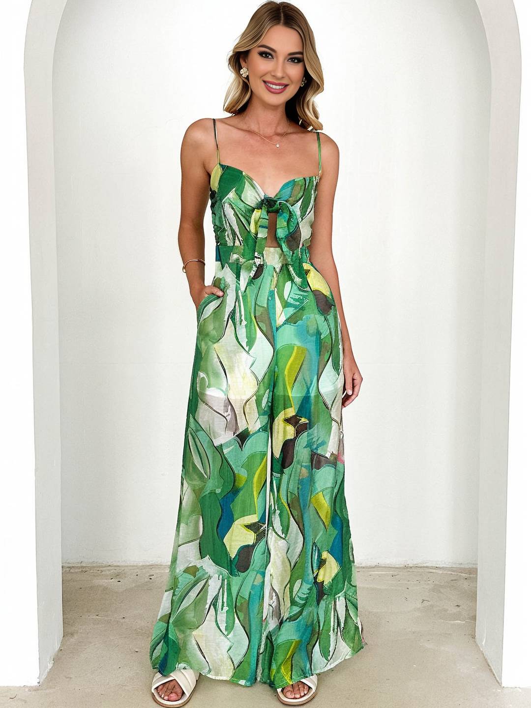 Levoire | Pantalons Salopettes Évasés À Taille Large Imprimé Floral Nœud Bretelles Fines Sans Manches Décontracté Femmes Vert