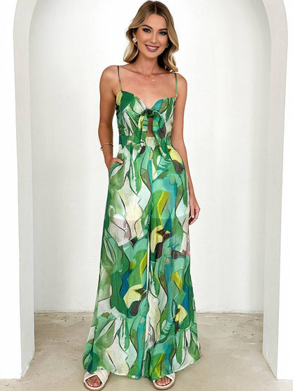 Levoire | Pantalons Salopettes Évasés À Taille Large Imprimé Floral Nœud Bretelles Fines Sans Manches Décontracté Femmes Vert