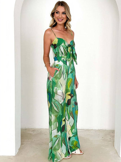 Levoire | Pantalons Salopettes Évasés À Taille Large Imprimé Floral Nœud Bretelles Fines Sans Manches Décontracté Femmes