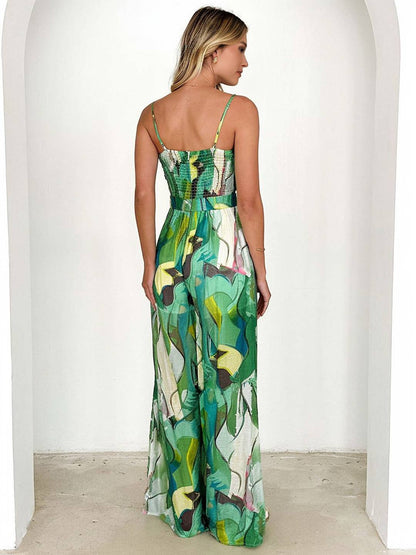 Levoire | Pantalons Salopettes Évasés À Taille Large Imprimé Floral Nœud Bretelles Fines Sans Manches Décontracté Femmes