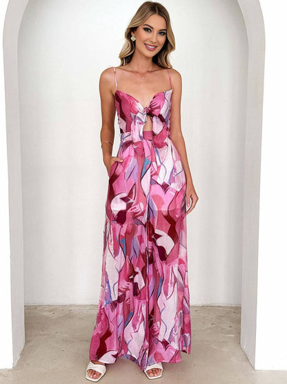 Levoire | Pantalons Salopettes Évasés À Taille Large Imprimé Floral Nœud Bretelles Fines Sans Manches Décontracté Femmes Framboise