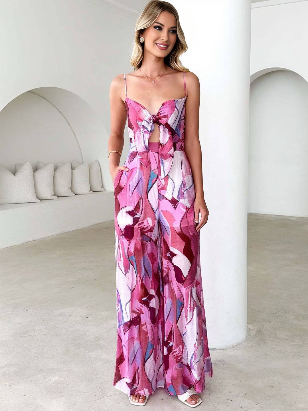 Levoire | Pantalons Salopettes Évasés À Taille Large Imprimé Floral Nœud Bretelles Fines Sans Manches Décontracté Femmes