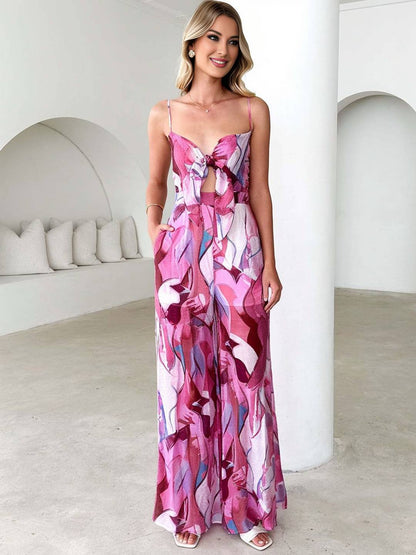 Levoire | Pantalons Salopettes Évasés À Taille Large Imprimé Floral Nœud Bretelles Fines Sans Manches Décontracté Femmes