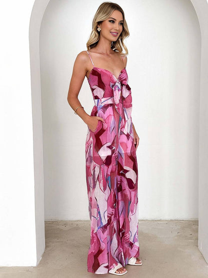 Levoire | Pantalons Salopettes Évasés À Taille Large Imprimé Floral Nœud Bretelles Fines Sans Manches Décontracté Femmes