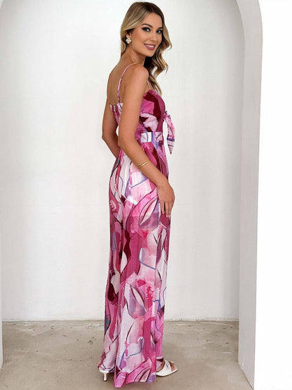 Levoire | Pantalons Salopettes Évasés À Taille Large Imprimé Floral Nœud Bretelles Fines Sans Manches Décontracté Femmes