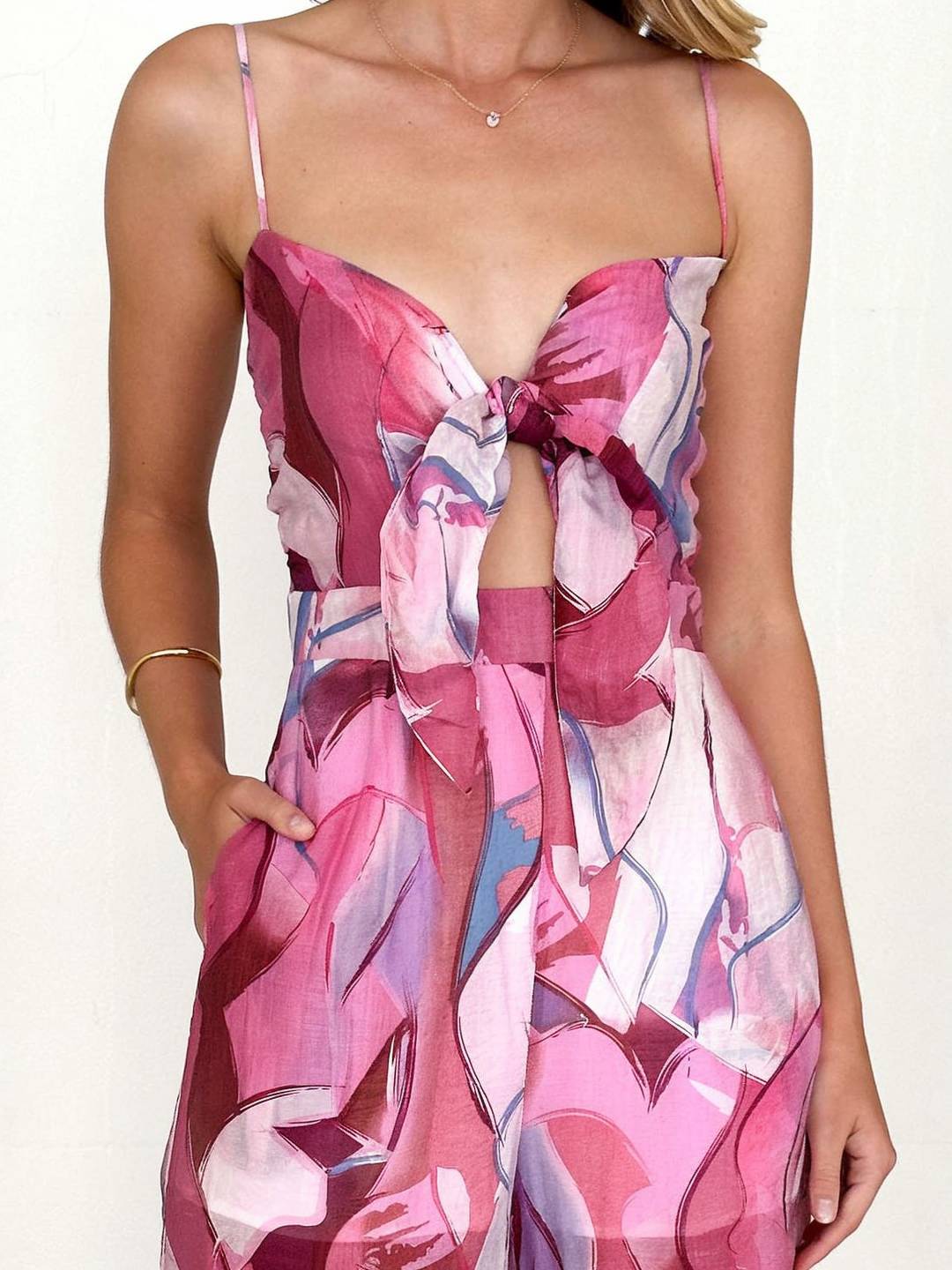 Levoire | Pantalons Salopettes Évasés À Taille Large Imprimé Floral Nœud Bretelles Fines Sans Manches Décontracté Femmes