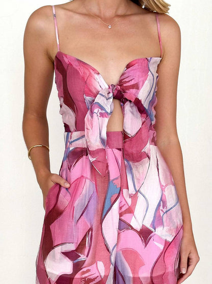 Levoire | Pantalons Salopettes Évasés À Taille Large Imprimé Floral Nœud Bretelles Fines Sans Manches Décontracté Femmes