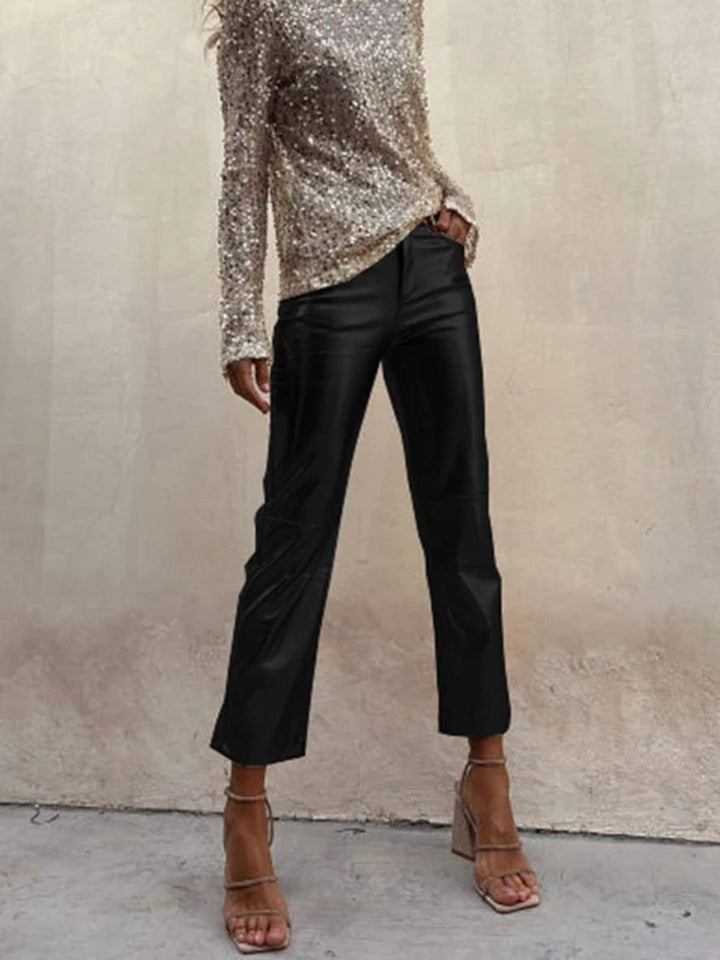 Levoire | Pantalon Droit À Fermeture Éclair Poches Taille Moyenne Dames Élégant Décontracté Mode Noir