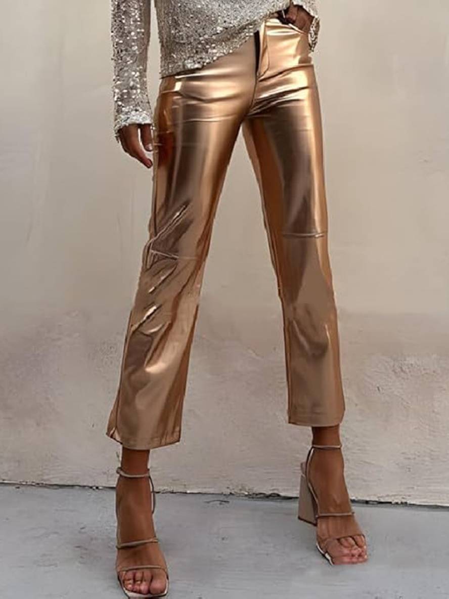Levoire | Pantalon Droit À Fermeture Éclair Poches Taille Moyenne Dames Élégant Décontracté Mode Or