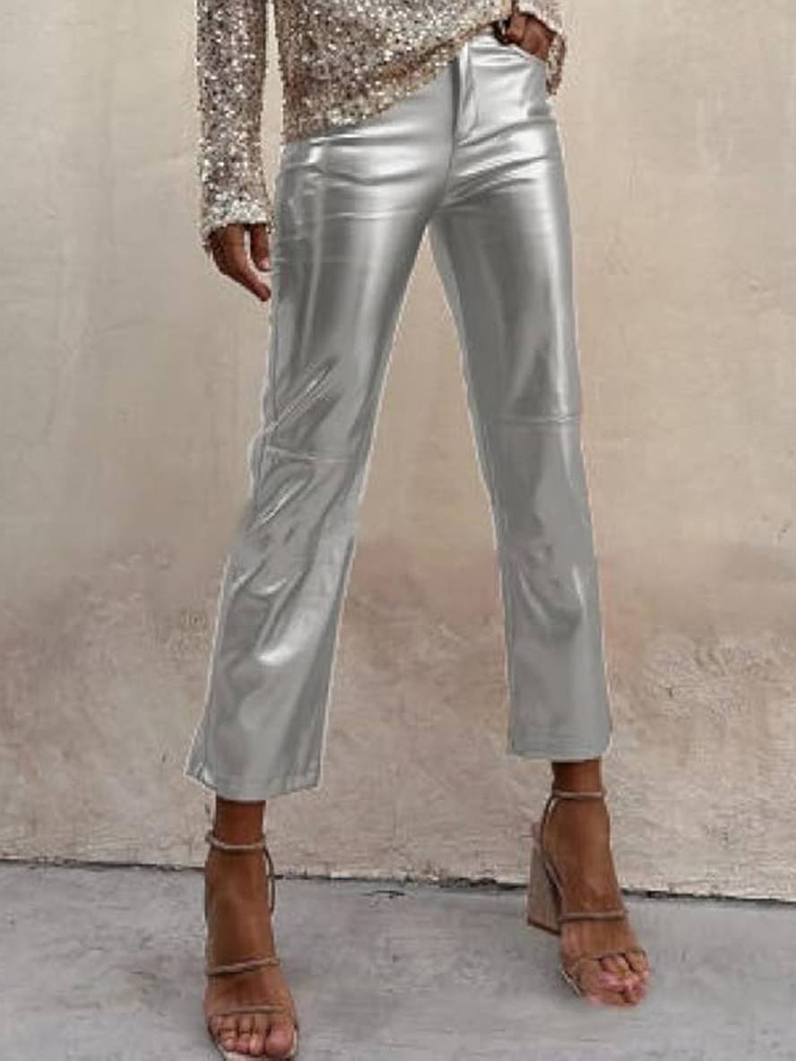 Levoire | Pantalon Droit À Fermeture Éclair Poches Taille Moyenne Dames Élégant Décontracté Mode Argent