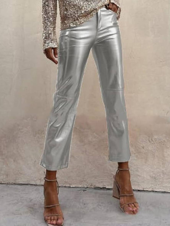Levoire | Pantalon Droit À Fermeture Éclair Poches Taille Moyenne Dames Élégant Décontracté Mode Argent