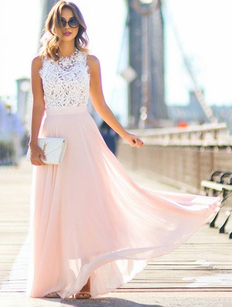 Levoire | Robe Longue De Demoiselle D'Honneur En Dentelle Chiffon Fluide Col Rond Sans Manches Élégante Rose Et Blanche Rose