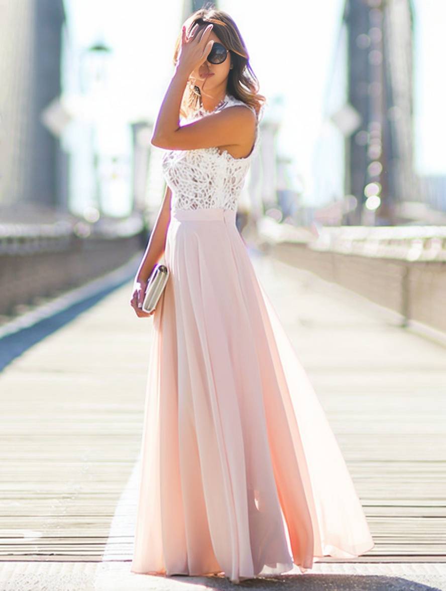 Levoire | Robe Longue De Demoiselle D'Honneur En Dentelle Chiffon Fluide Col Rond Sans Manches Élégante Rose Et Blanche