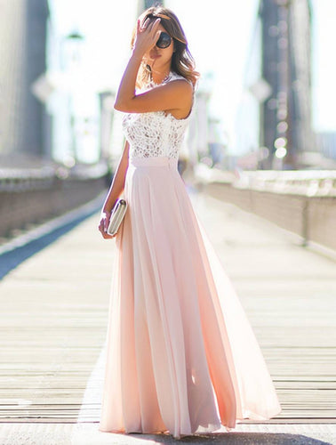 Levoire | Robe Longue De Demoiselle D'Honneur En Dentelle Chiffon Fluide Col Rond Sans Manches Élégante Rose Et Blanche