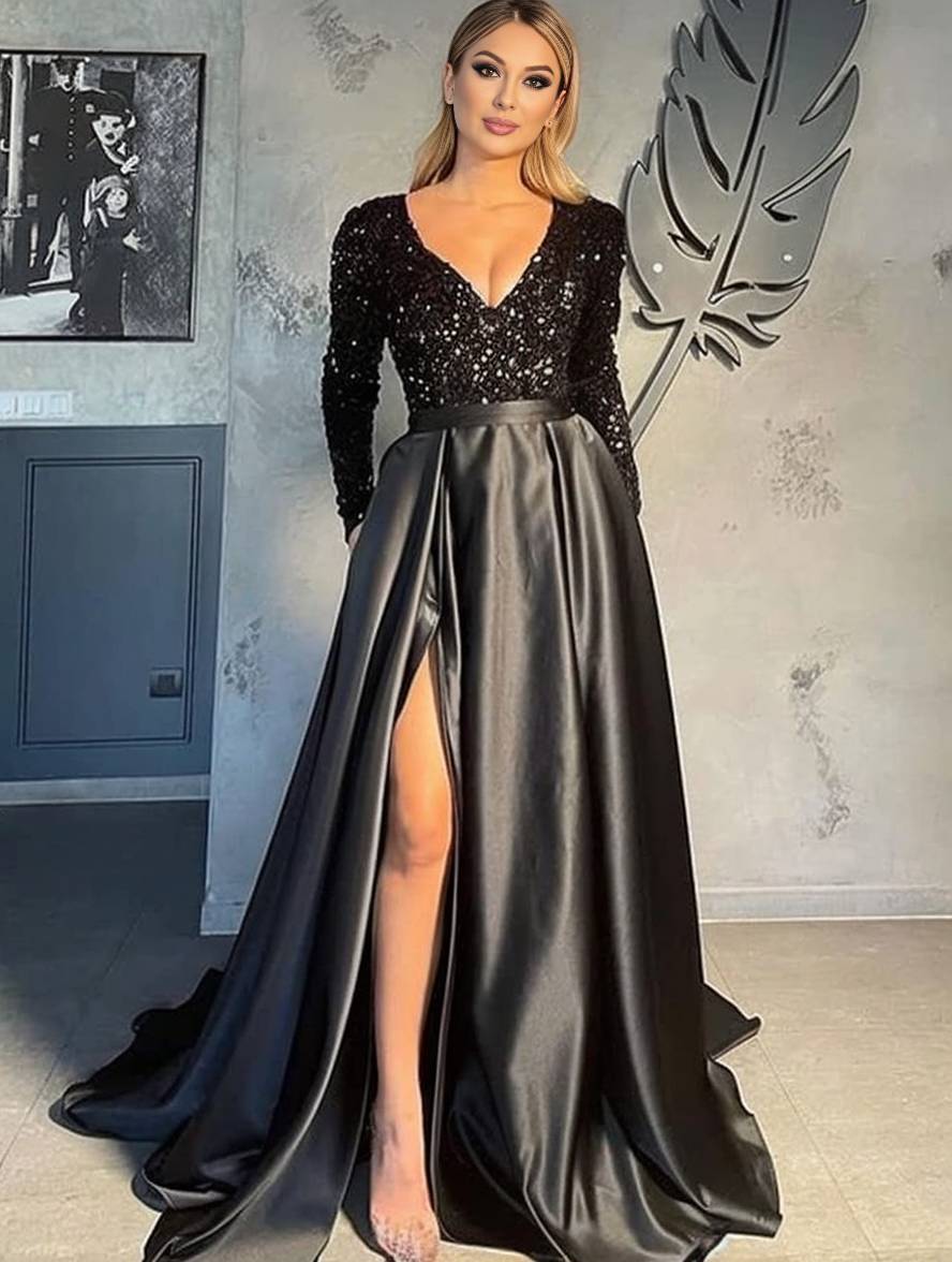 Levoire | Robe Longue Brillante À Paillettes Avec Fente Sur Le Côté Décolleté En V Manches Longues Femmes Robe De Soirée Élégante