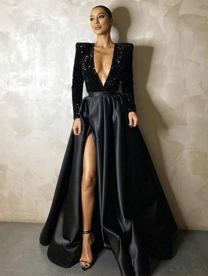 Levoire | Robe Longue Brillante À Paillettes Avec Fente Sur Le Côté Décolleté En V Manches Longues Femmes Robe De Soirée Élégante