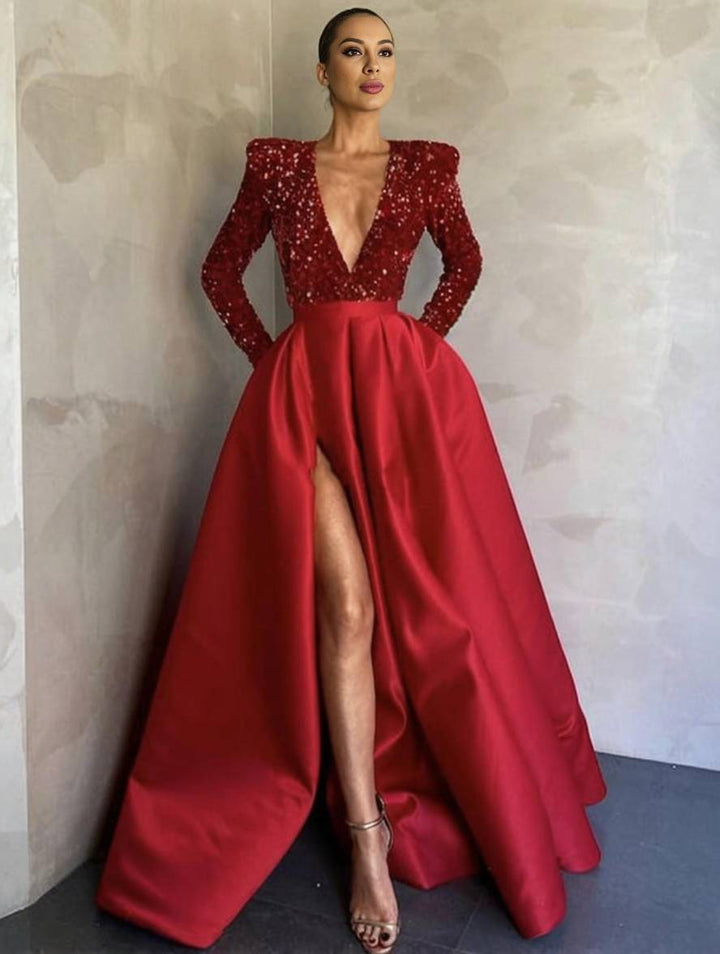 Levoire | Robe Longue Brillante À Paillettes Avec Fente Sur Le Côté Décolleté En V Manches Longues Femmes Robe De Soirée Élégante Rot