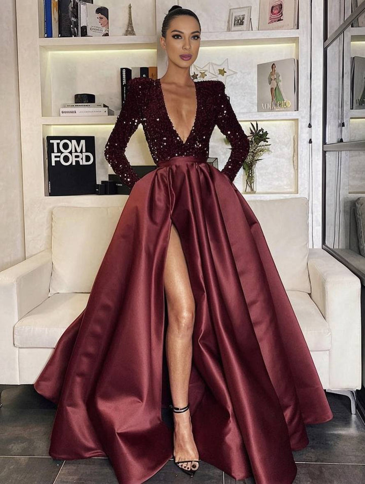 Levoire | Robe Longue Brillante À Paillettes Avec Fente Sur Le Côté Décolleté En V Manches Longues Femmes Robe De Soirée Élégante Bordeaux