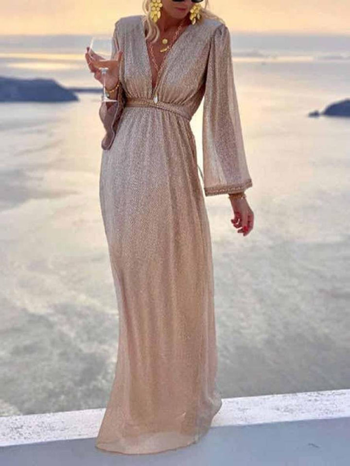 Levoire | Robe De Soirée Élégante Longue À Paillettes Brillantes Décolleté En V Manches Longues Cérémonie Champagne