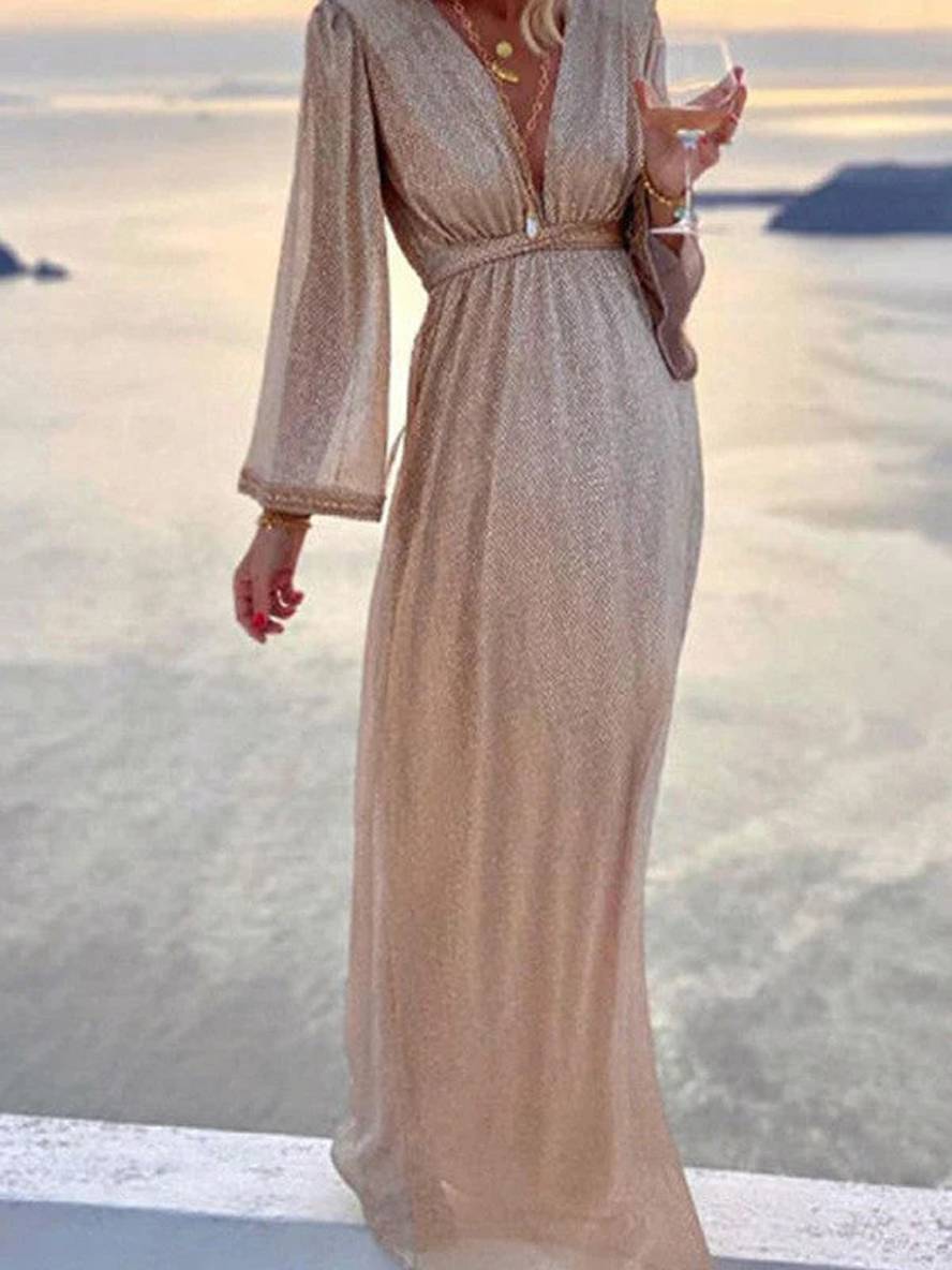 Levoire | Robe De Soirée Élégante Longue À Paillettes Brillantes Décolleté En V Manches Longues Cérémonie