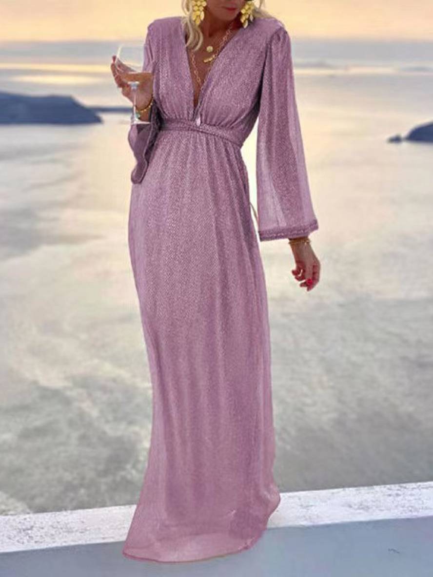 Levoire | Robe De Soirée Élégante Longue À Paillettes Brillantes Décolleté En V Manches Longues Cérémonie Rose