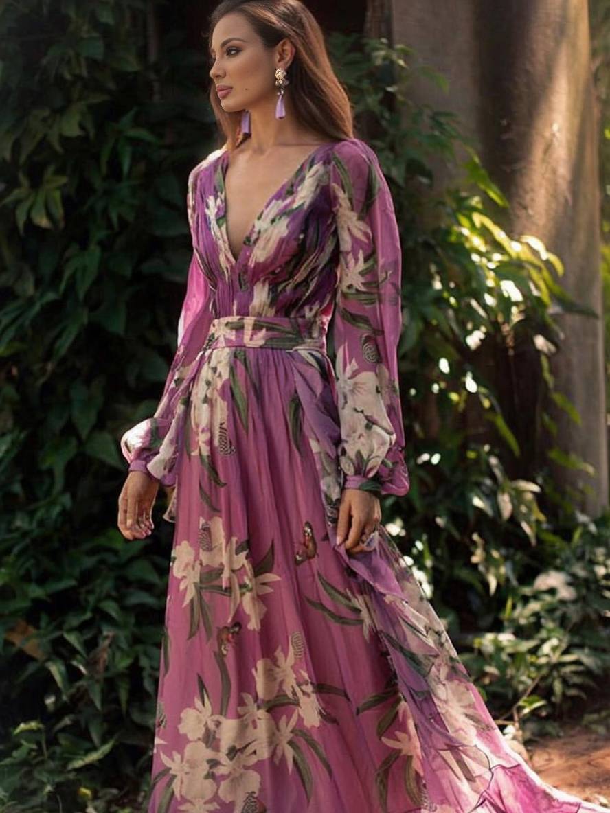 Levoire | Robe Longue À Fleurs Fluide Décolletée En V Manches Longues Pour Femmes Élégante Violette Violet