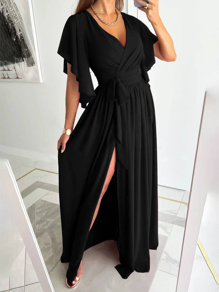 Levoire | Robe Longue À Découpe En V Avec Fente Sur Le Côté Fluide Ceinture Manches Courtes Élégante Soirée Bal Bal De Fin D'Études Noir
