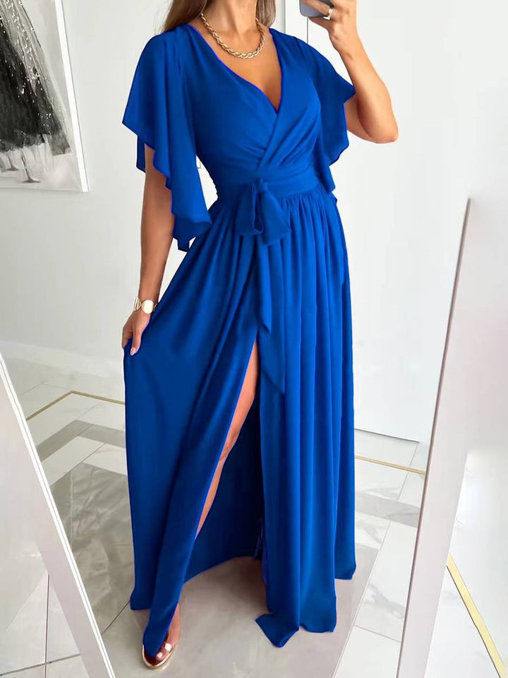 Levoire | Robe Longue À Découpe En V Avec Fente Sur Le Côté Fluide Ceinture Manches Courtes Élégante Soirée Bal Bal De Fin D'Études Bleu