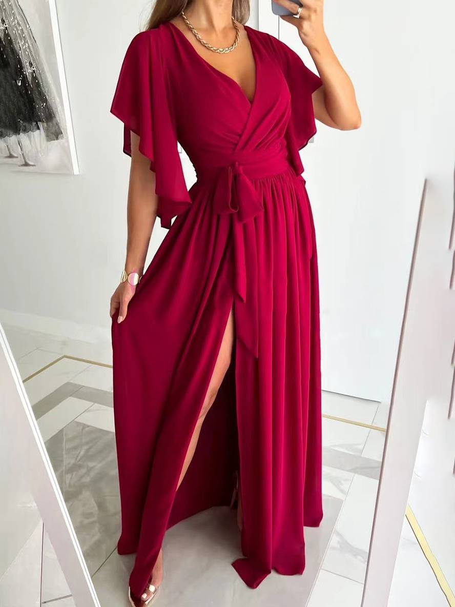 Levoire | Robe Longue À Découpe En V Avec Fente Sur Le Côté Fluide Ceinture Manches Courtes Élégante Soirée Bal Bal De Fin D'Études Rot