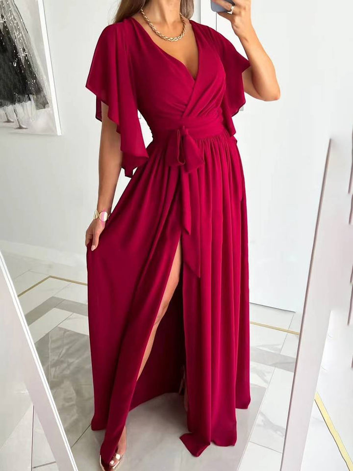 Levoire | Robe Longue À Découpe En V Avec Fente Sur Le Côté Fluide Ceinture Manches Courtes Élégante Soirée Bal Bal De Fin D'Études Rot