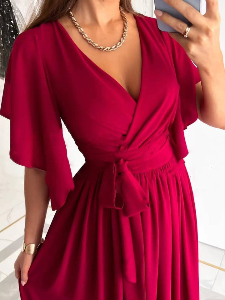 Levoire | Robe Longue À Découpe En V Avec Fente Sur Le Côté Fluide Ceinture Manches Courtes Élégante Soirée Bal Bal De Fin D'Études