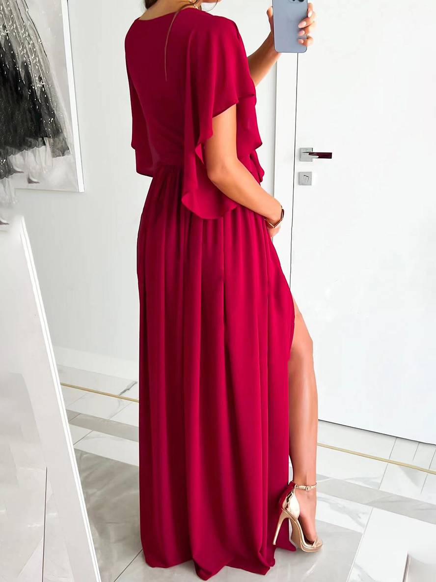 Levoire | Robe Longue À Découpe En V Avec Fente Sur Le Côté Fluide Ceinture Manches Courtes Élégante Soirée Bal Bal De Fin D'Études