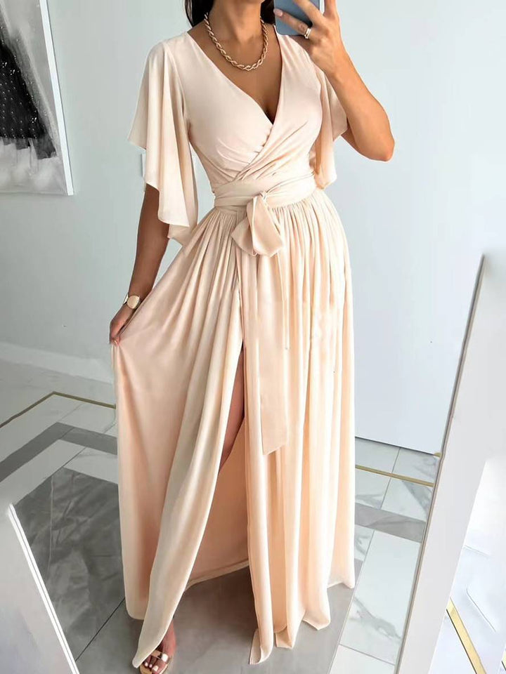 Levoire | Robe Longue À Découpe En V Avec Fente Sur Le Côté Fluide Ceinture Manches Courtes Élégante Soirée Bal Bal De Fin D'Études Khaki