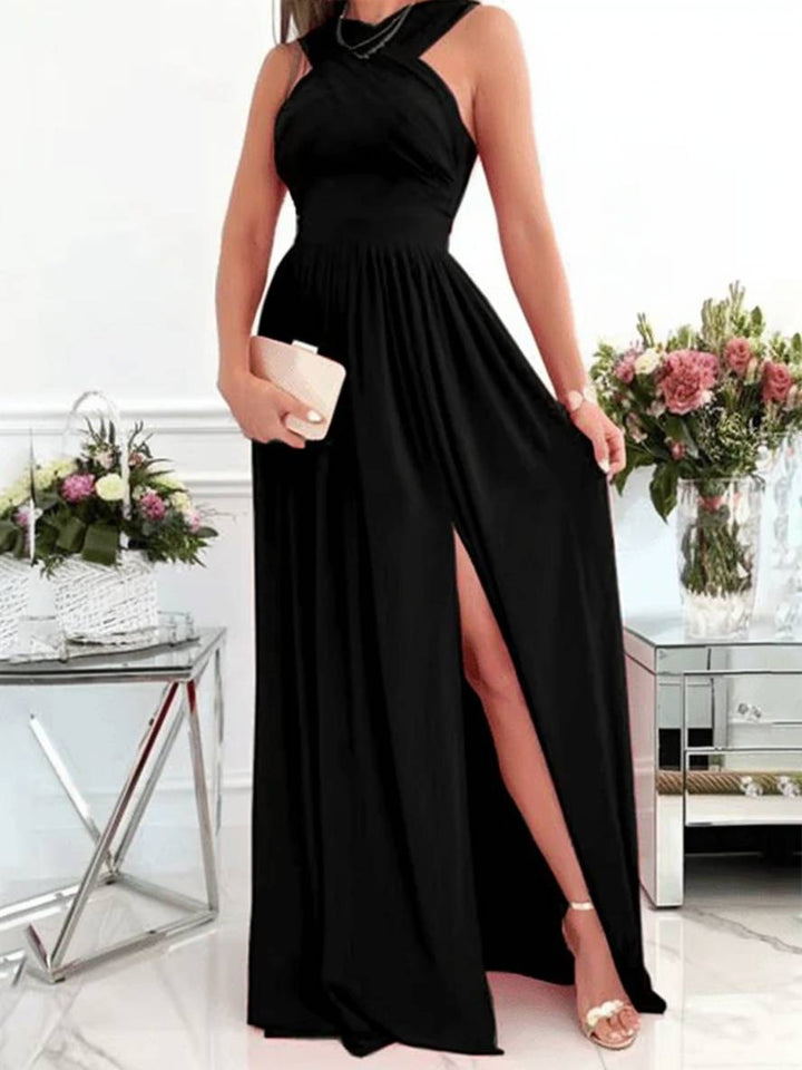 Levoire | Robe Longue À Volants Sur Le Côté Fluide Dos Nu Sans Manches Décolleté En V Élégante Soirée Promotion Cérémonie Noir