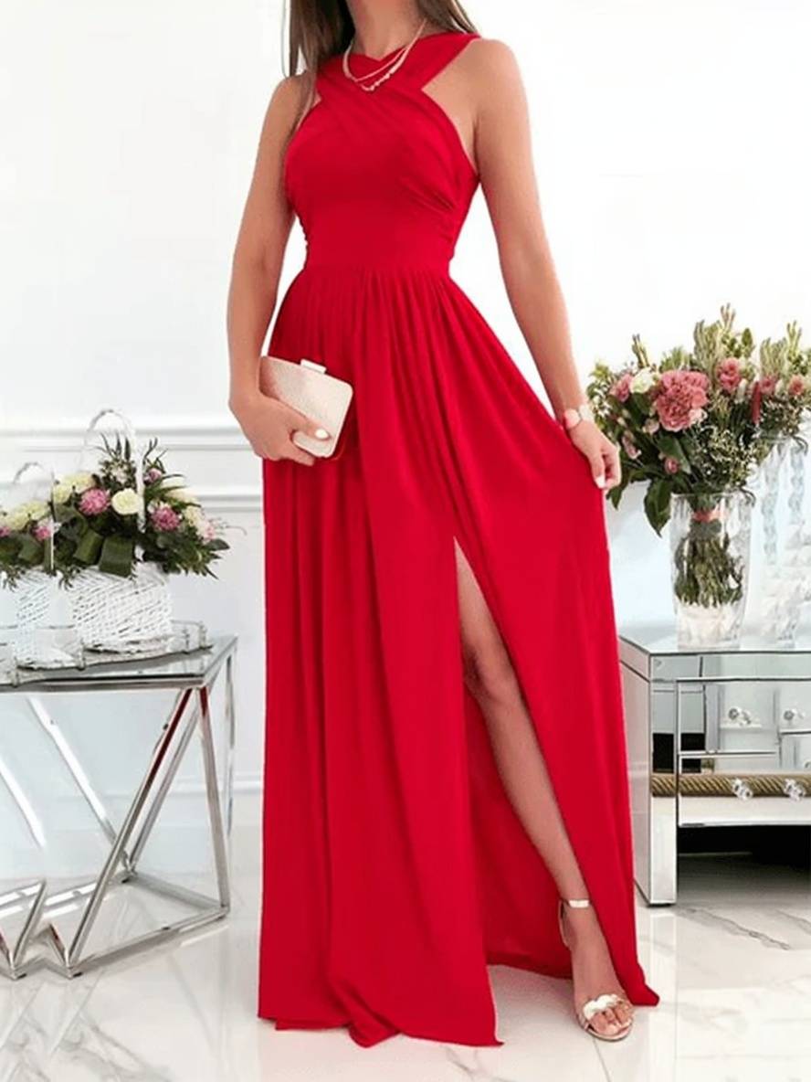 Levoire | Robe Longue À Volants Sur Le Côté Fluide Dos Nu Sans Manches Décolleté En V Élégante Soirée Promotion Cérémonie Rot