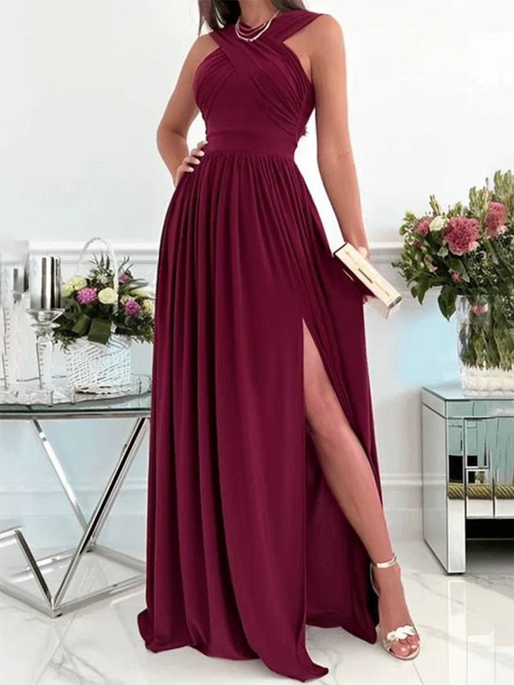 Levoire | Robe Longue À Volants Sur Le Côté Fluide Dos Nu Sans Manches Décolleté En V Élégante Soirée Promotion Cérémonie Bordeaux
