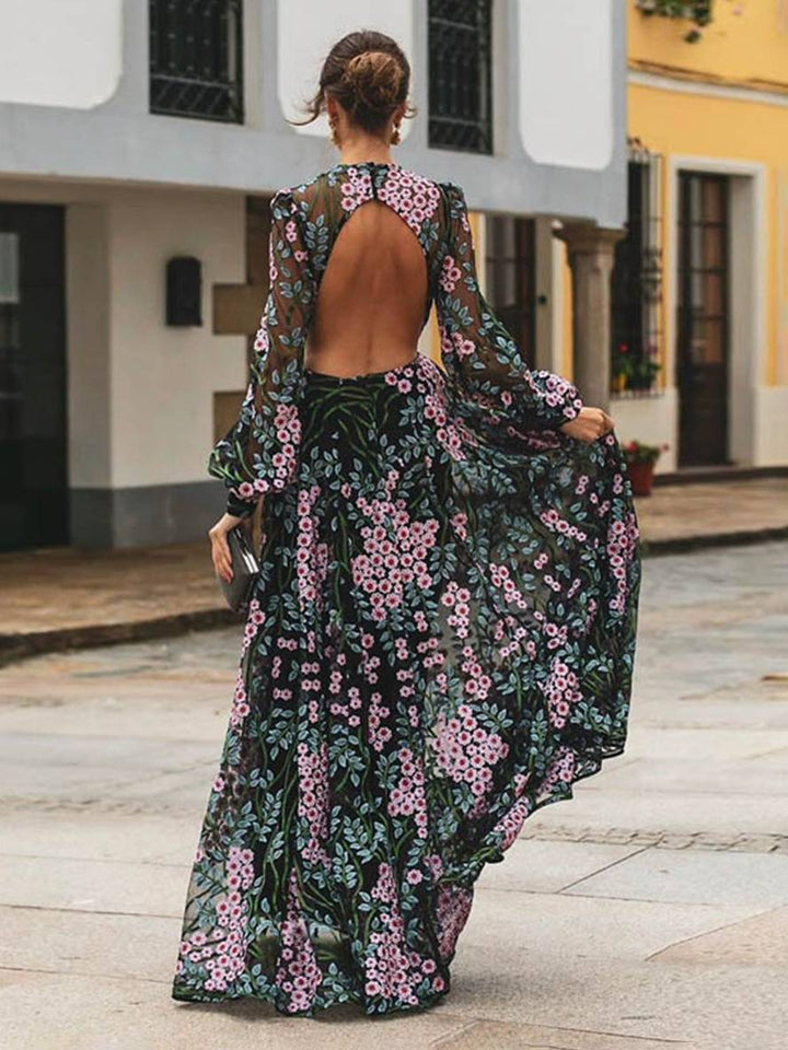 Levoire | Robe Longue En Chiffon Imprimé Avec Fleurs, Dos Nu, Encolure Ronde, Manches Longues, Mode Élégante Pour Femmes, Noir Noir