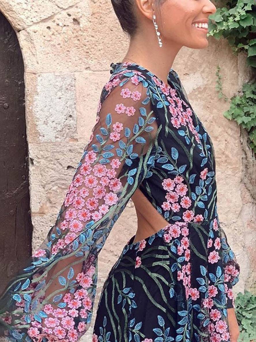Levoire | Robe Longue En Chiffon Imprimé Avec Fleurs, Dos Nu, Encolure Ronde, Manches Longues, Mode Élégante Pour Femmes, Noir