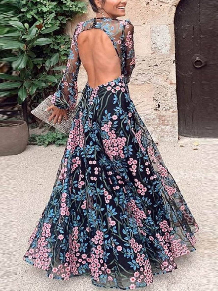 Levoire | Robe Longue En Chiffon Imprimé Avec Fleurs, Dos Nu, Encolure Ronde, Manches Longues, Mode Élégante Pour Femmes, Noir