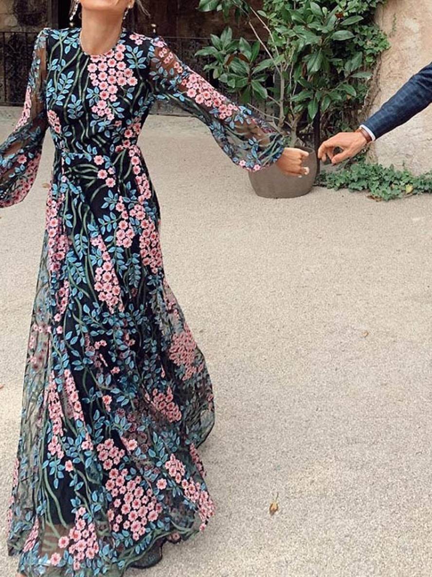 Levoire | Robe Longue En Chiffon Imprimé Avec Fleurs, Dos Nu, Encolure Ronde, Manches Longues, Mode Élégante Pour Femmes, Noir
