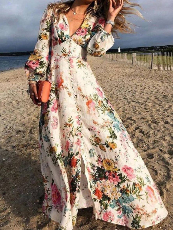 Levoire | Robe Longue À Motif Floral Décolleté En V Boutons Manches Longues Dames Boho Élégante Invitée De Mariage Blanche Blanc