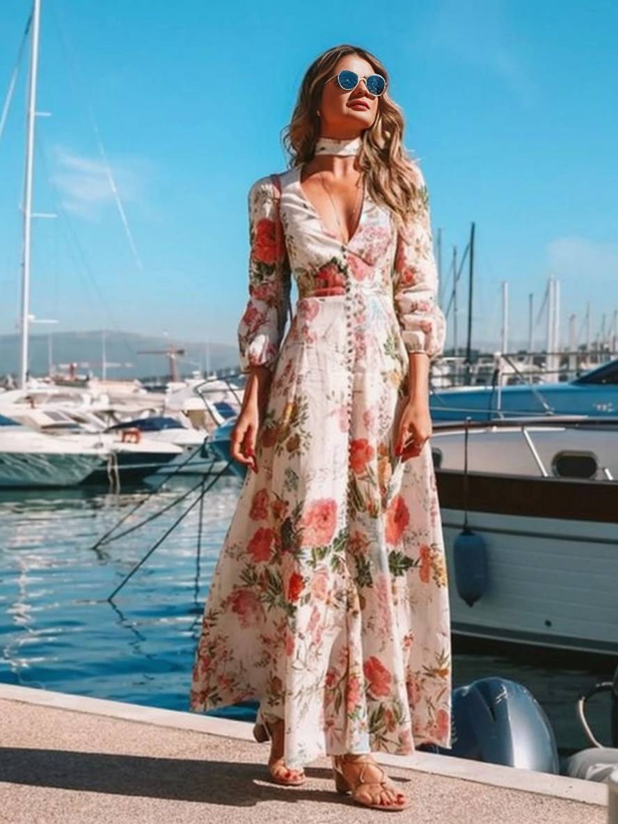 Levoire | Robe Longue À Motif Floral Décolleté En V Boutons Manches Longues Dames Boho Élégante Invitée De Mariage Blanche