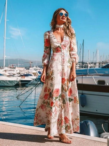 Levoire | Robe Longue À Motif Floral Décolleté En V Boutons Manches Longues Dames Boho Élégante Invitée De Mariage Blanche