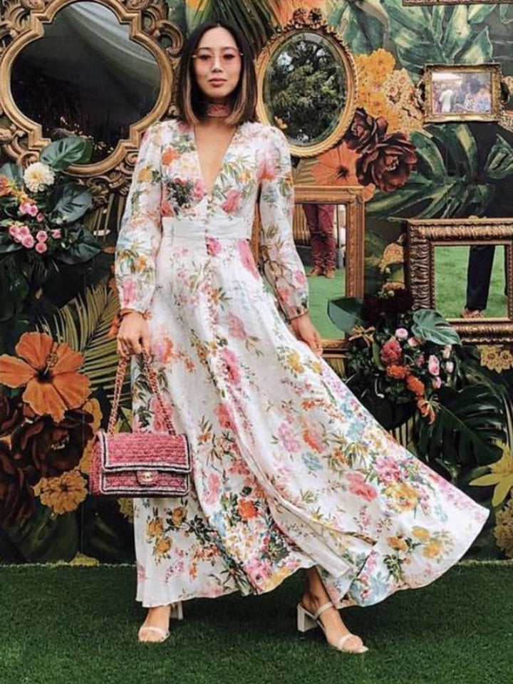 Levoire | Robe Longue À Motif Floral Décolleté En V Boutons Manches Longues Dames Boho Élégante Invitée De Mariage Blanche